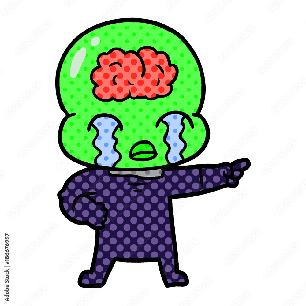 cartoon big brain alien crying and pointing