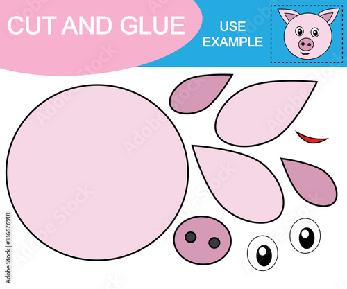 Cut and glue image of face of pig. Educational game for children. Vector illustration.