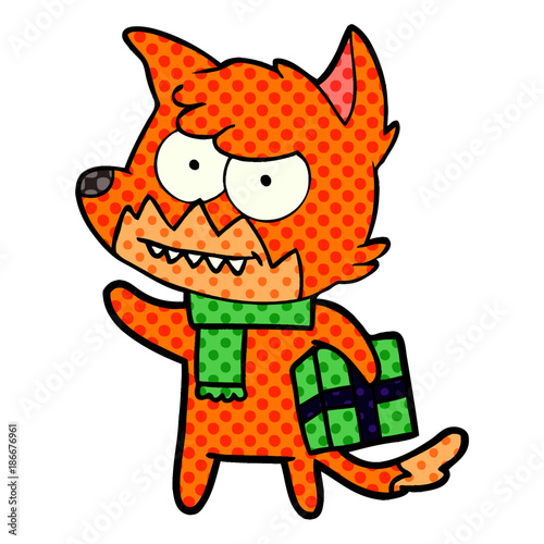 cartoon grinning fox with christmas present