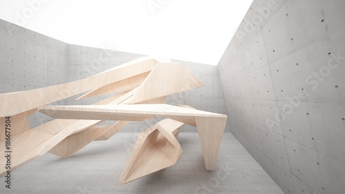 Abstract concrete and wood interior multilevel public space with window. 3D illustration and rendering.