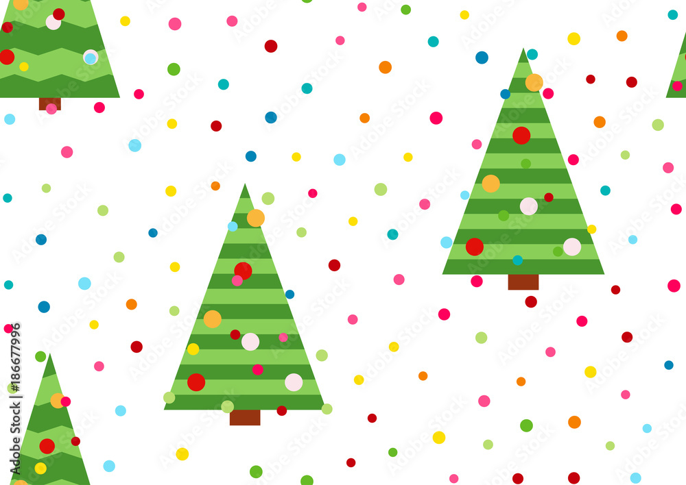 A festive background with confetti. A seamless pattern with yellow stars and Christmas tree. Winter holidays design. Christmas tree with decorations with various textures for festive design
