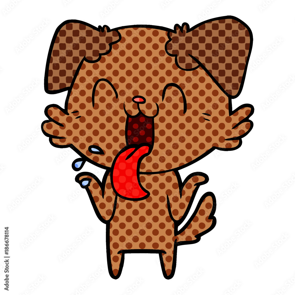 cartoon panting dog shrugging shoulders