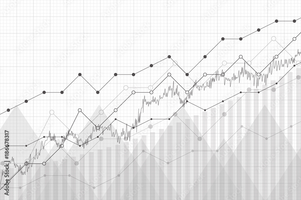 Financial data graph chart, vector illustration. Growth company profit economic concept. Trend lines, columns, market economy information background.