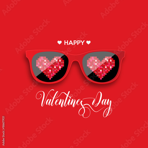 Happy Valentine's Day. Red hipster glasses with pixel hearts. Vector illustration.