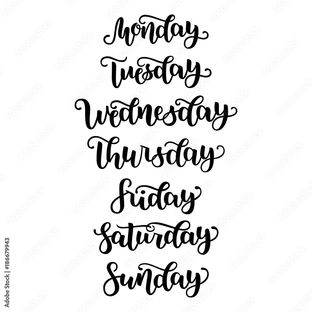 Handwritten days of the week monday, tuesday, wednesday, thursday, friday,  saturday, sunday.Calligraph Lettering typography. Stock Vector
