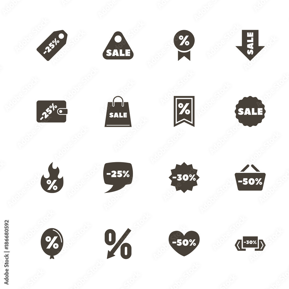 Discount Tags icons. Perfect black pictogram on white background. Flat simple vector icon.