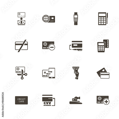 Credit Cards icons. Perfect black pictogram on white background. Flat simple vector icon.