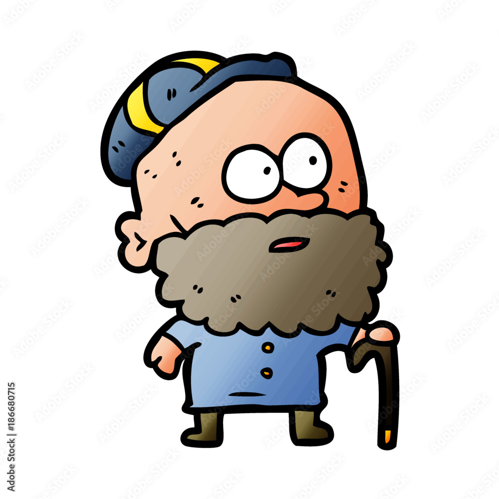 Fototapeta premium old cartoon man with walking stick and flat cap