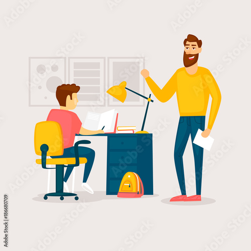 Father helps with homework. Flat design vector illustration.