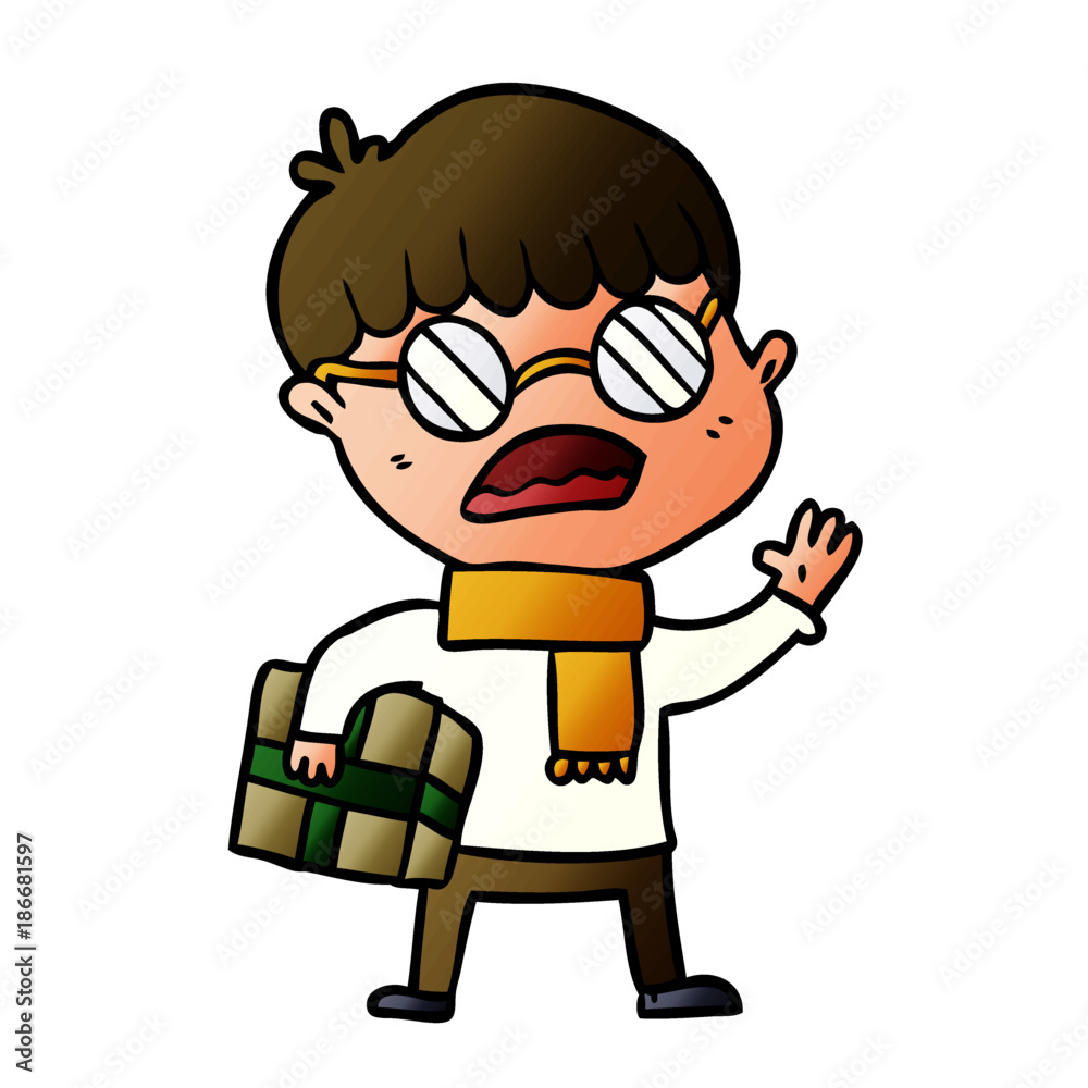 cartoon boy holding gift and wearing spectacles