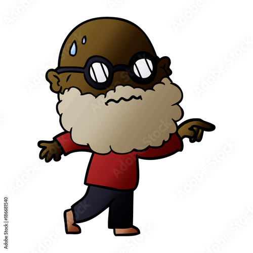 cartoon worried man with beard and spectacles pointing finger