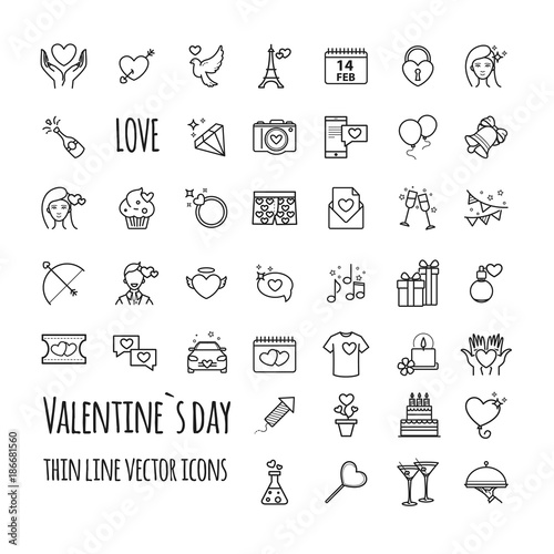 Valentines day icons. Romantic design elements. Vector outline style illustration