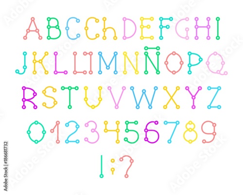 Spanish alphabet, font, Layout, color, vector. Capital letters and numbers Spanish alphabet. Vector font. Scheme. Connection. Colored letters on a white background. 
