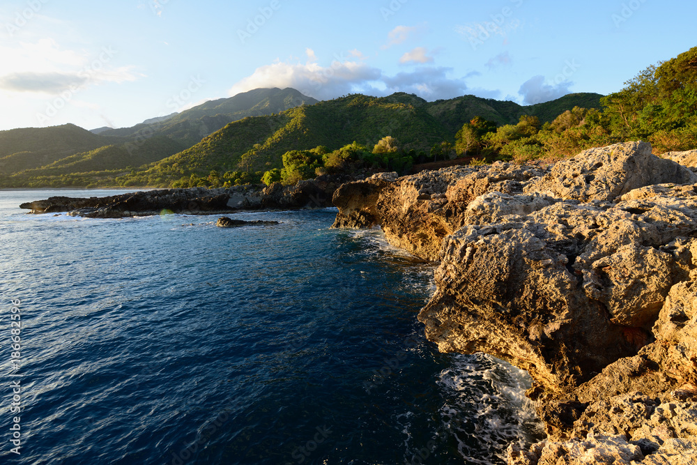Cuban coast at the foot of mountains Sierra Maestra and above the coast of the Caribbean sea