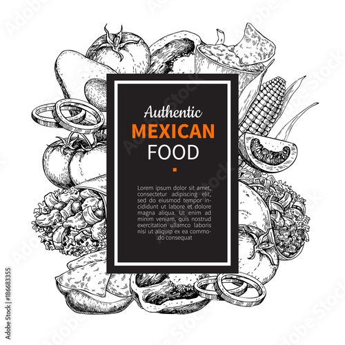 Mexican food sketch label in frame. Traditional cuisines drawing