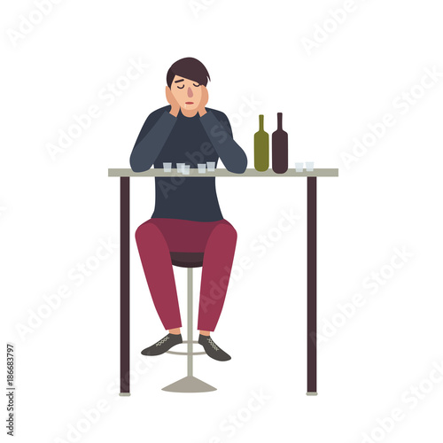 Sad man with closed eyes sitting at bar and drinking shots. Male cartoon character with alcohol addiction isolated on white background. Alcoholic or dipsomaniac. Flat colorful vector illustration.