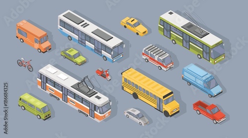 Collection of isometric motor vehicles isolated on gray background - car, scooter, bus, tram, trolleybus, minivan, bicycle, pickup truck. Set of automobile transport. Colorful vector illustration.
