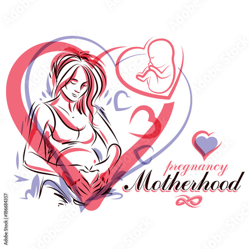 Elegant pregnant woman body silhouette drawing. Vector illustration of mother-to-be fondles her belly. Neonatal care center advertising poster