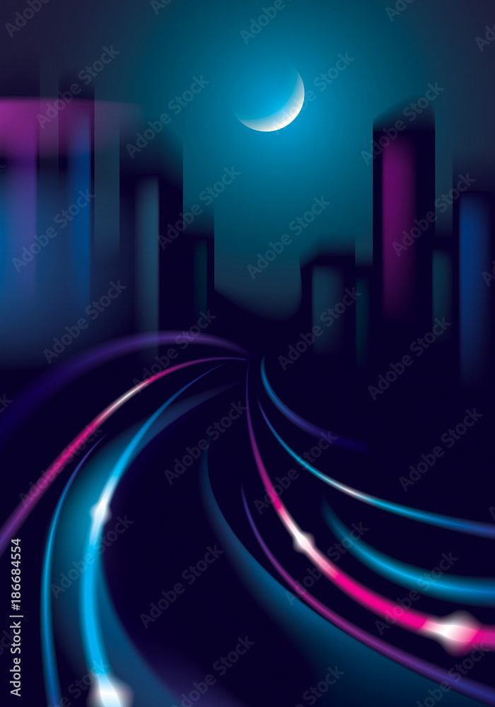 Light trail vehicles at highway in big city in the nighttime. Effect vector beautiful background. Blur colorful dark background with cityscape, buildings silhouettes skyline.