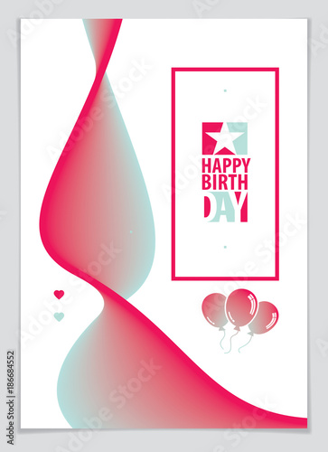 Birthday vector greeting card. Includes lettering composition and balloons combined with wavy fluid colorful shape abstract background. A4 format with CMYK colors acceptable for print.