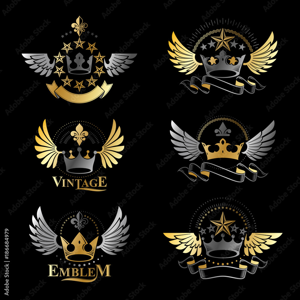 Ancient Crowns emblems set. Heraldic vector design elements collection. Retro style label, heraldry logo.