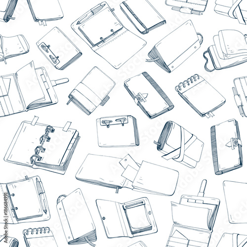 Monochrome seamless pattern with notepads, notebooks, diaries, sketchbooks hand drawn with contour lines on white background. Backdrop with paper books or pads for writing notes. Vector illustration.