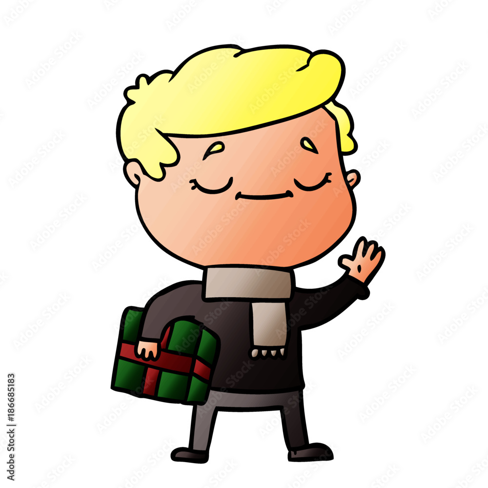 cartoon man carrying christmas present waving cartoon man carrying christmas present waving