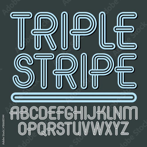 Set of trendy vector capital alphabet letters isolated. Retro type font, script from a to z can be used for logo creation. Made with geometric parallel triple lines.