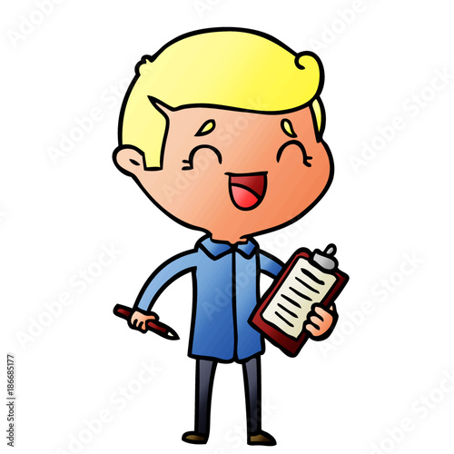 cartoon laughing man with clip board