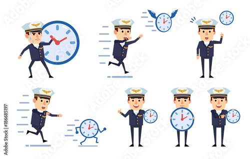 Set of handsome airline pilot characters posing with wall watches. Funny pilot running, trying to catch time, holding timer and showing other actions. Flat style vector illustration