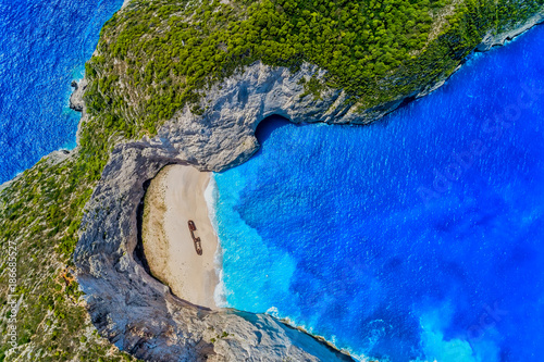 Aerial view of Navagio (Shipwreck) Beach in Zakynthos island, Greece.