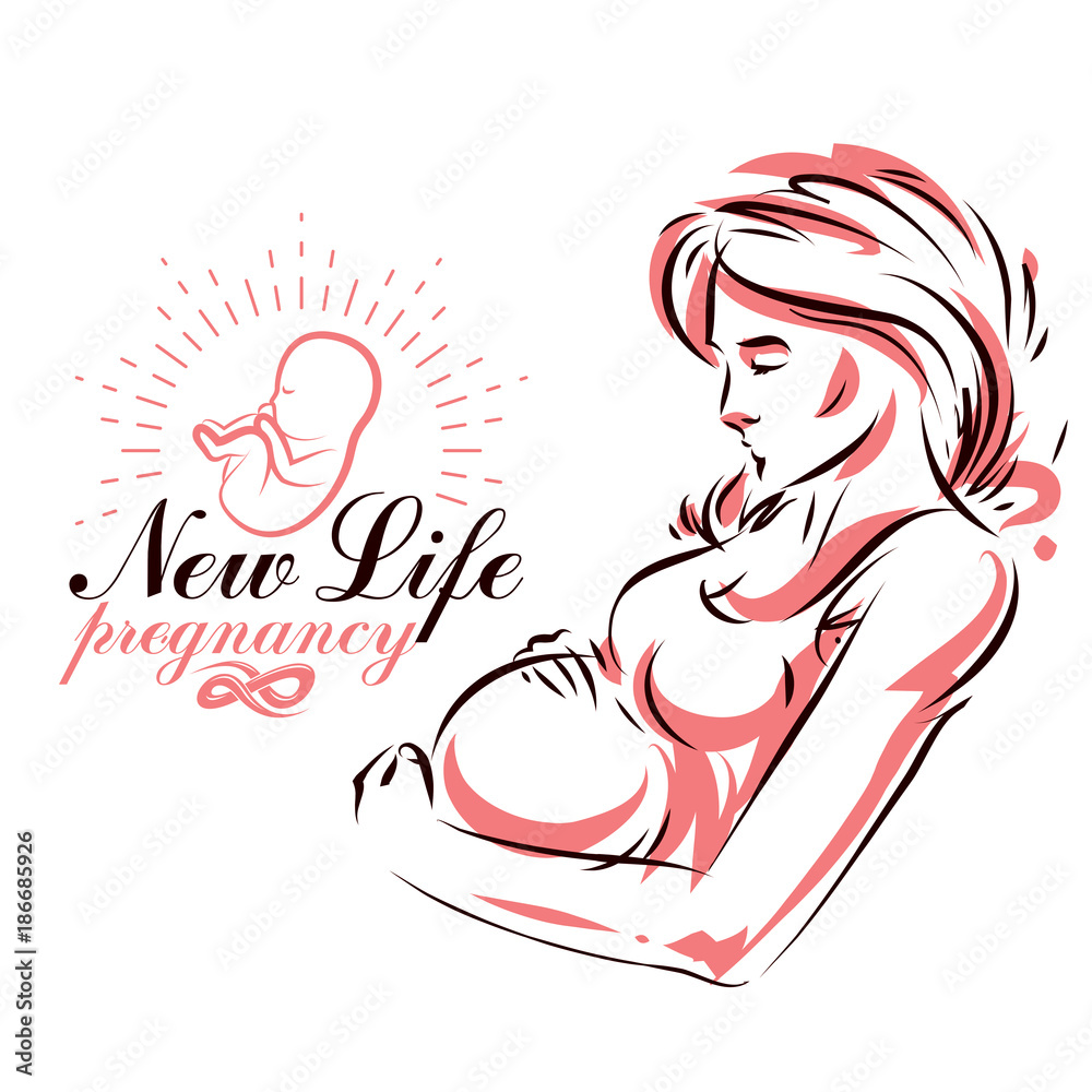 Fototapeta Pregnant woman elegant body silhouette, sketchy vector illustration. Medical center for pregnancy assistance marketing flyer template