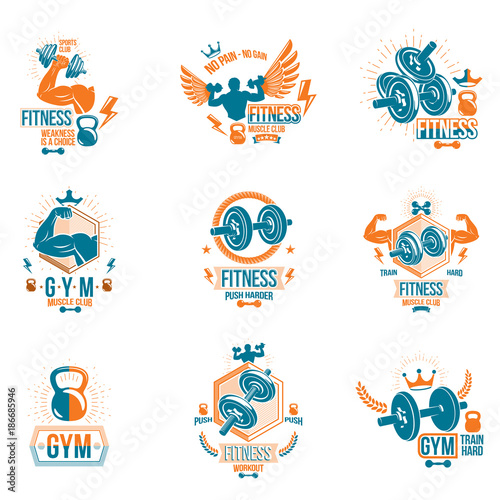 Vector heavy load power lifting theme logotypes and advertising flyers collection created with dumbbells, disc weights sport equipment and strong man body shapes.