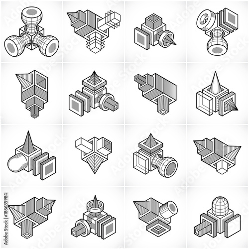3D engineering vectors, abstract shapes collection.