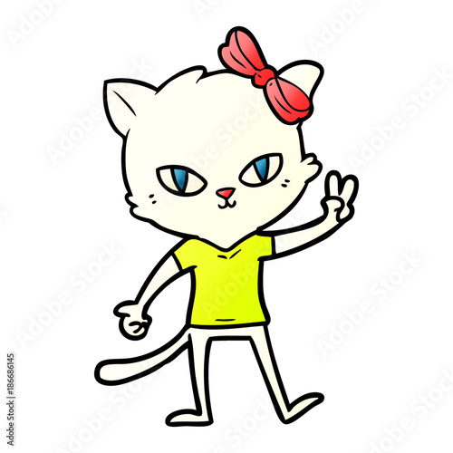cute cartoon cat girl giving peace sign © lineartestpilot