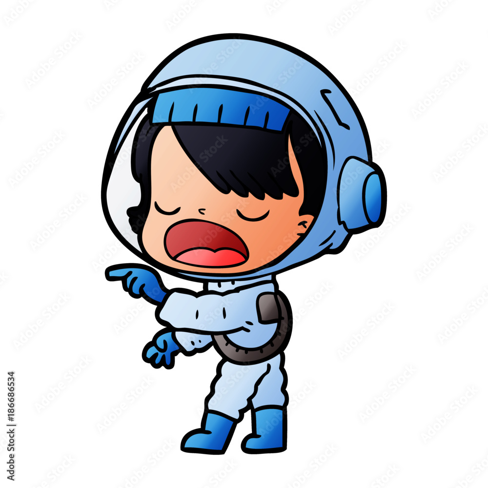 cartoon astronaut woman pointing and talking