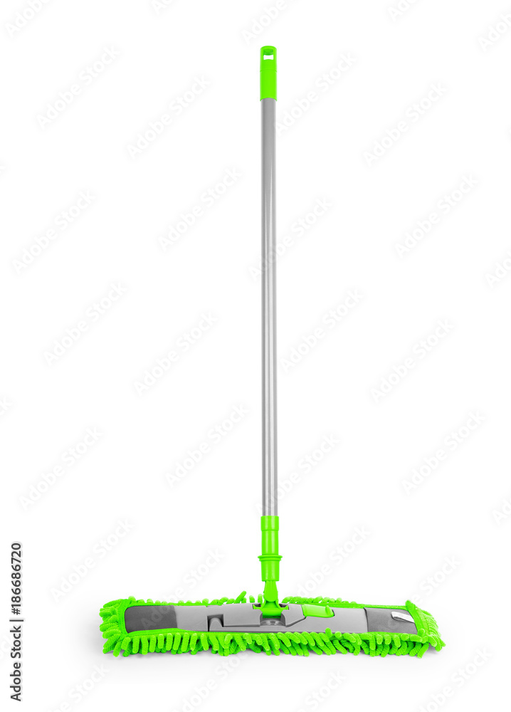 Classic mop with cotton head and metal tubular handle on a white background Classic mop with cotton head and metal tubular handle on a white background