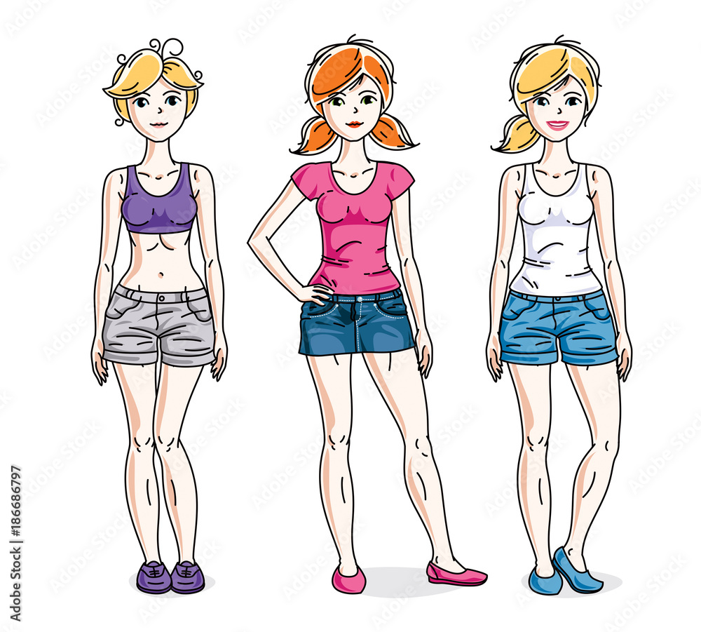Attractive young women group standing in stylish casual clothes. Vector people illustrations set.