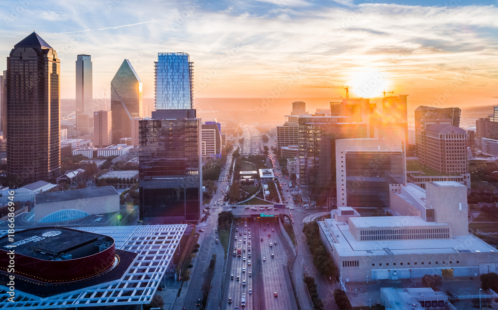 Downtown Dallas Smoke Sunset - obrazy, fototapety, plakaty 