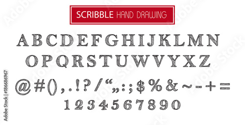 Hand drawn scribble black font isolated on white. Vector alphabet with numbers. Set of pencil drawing letters.