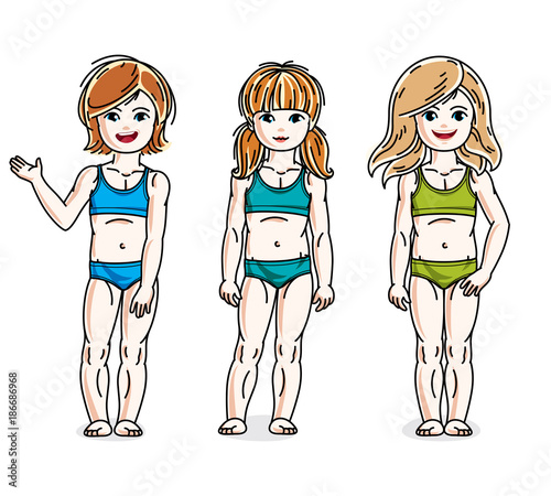 Happy little girls posing wearing colorful bikini. Vector set of beautiful kids illustrations. Childhood and family lifestyle clip art.