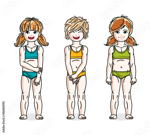 Happy little girls posing in colorful bikini. Vector set of beautiful kids illustrations.