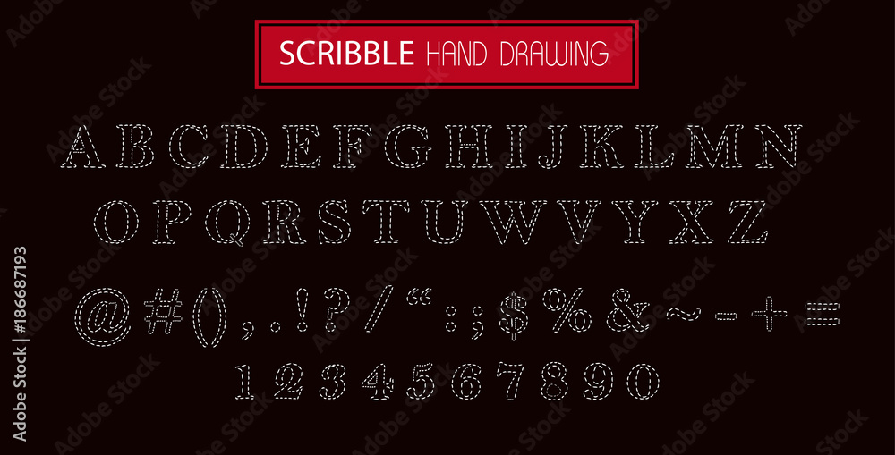 Fototapeta premium Hand drawn scribble white font isolated on black. Vector alphabet with numbers. Set of pencil drawing letters.