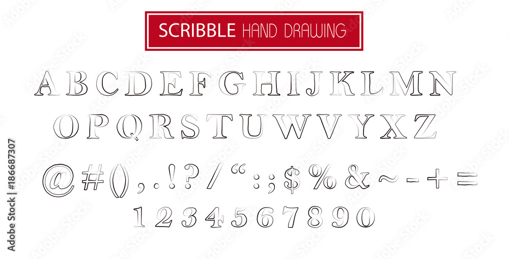Hand drawn scribble black font isolated on white. Vector alphabet with