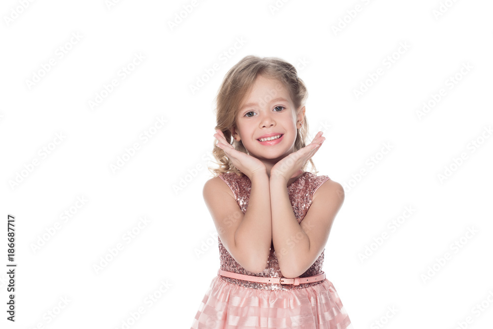 adorable smiling child in pink dress, isolated on white adorable smiling child in pink dress, isolated on white