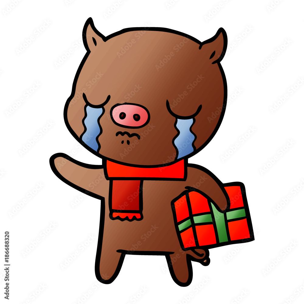 cartoon pig crying over christmas present cartoon pig crying over christmas present