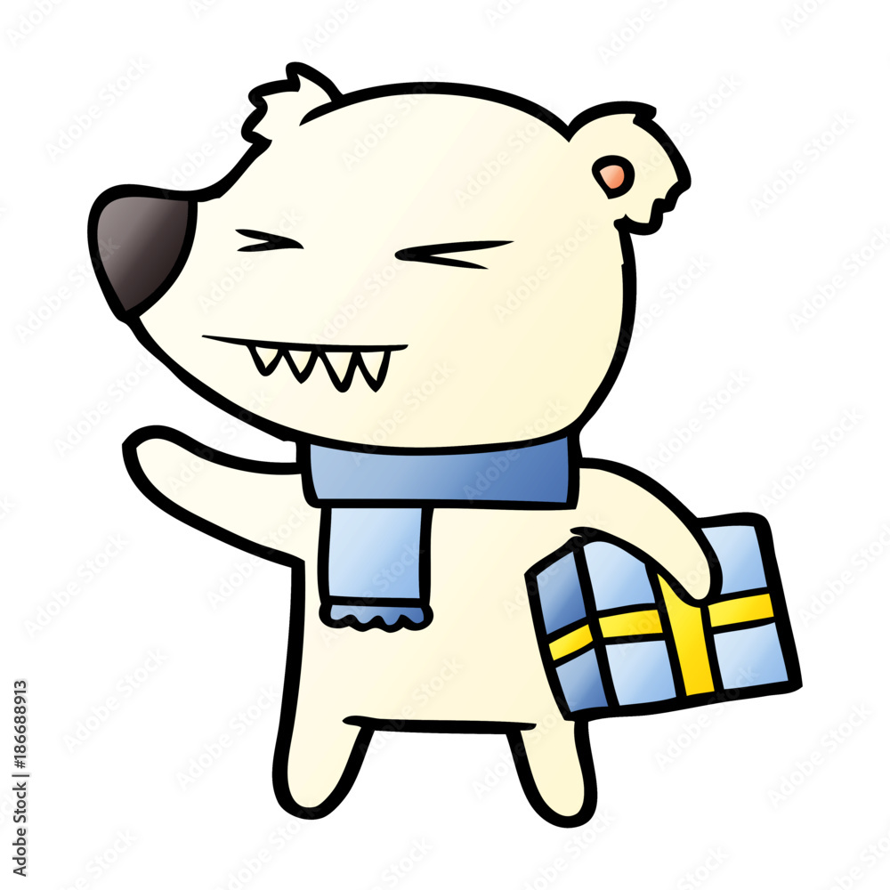 cartoon angry polar bear with xmas present