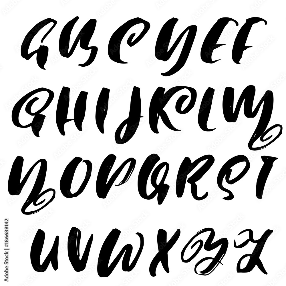 Naklejka premium Hand drawn dry brush font. Modern brush lettering. Grunge style alphabet. Vector illustration.