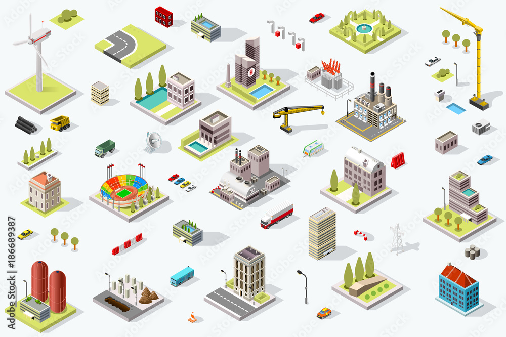 Set of isometric city buildings. Town district landscape with urban infrastructure streets and houses. 3D map vector illustration. Set of isometric city buildings. Town district landscape with urban infrastructure streets and houses. 3D map vector illustration.