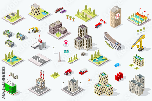 Set of isometric city buildings. Town district landscape with urban infrastructure streets and houses. 3D map vector illustration.